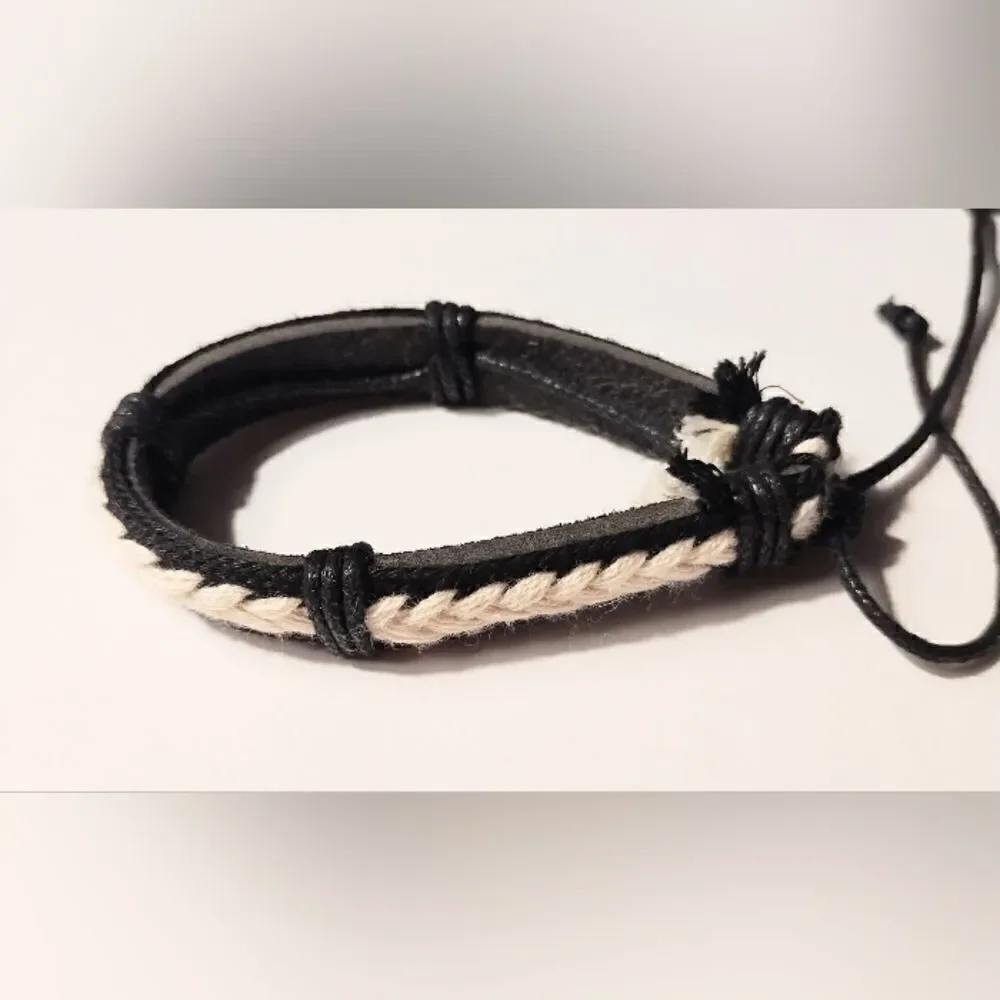 Men's bracelet leather layered braided black‎ new d53